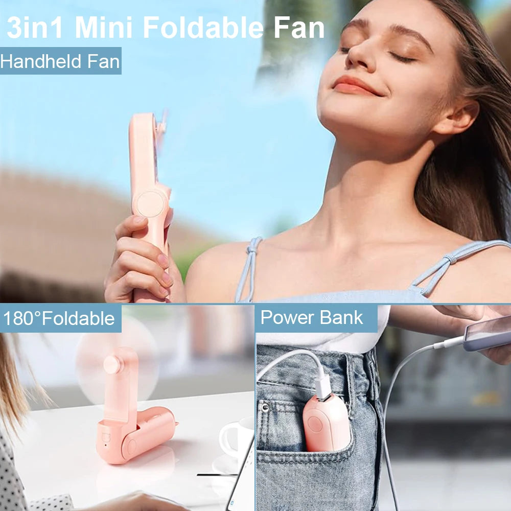 Portable Mini Handheld Fan 2000Mah Personal Foldable Small Cooling Travel Fan 3 in 1 Pocket Hand Fan with Power Bank 3 Speeds