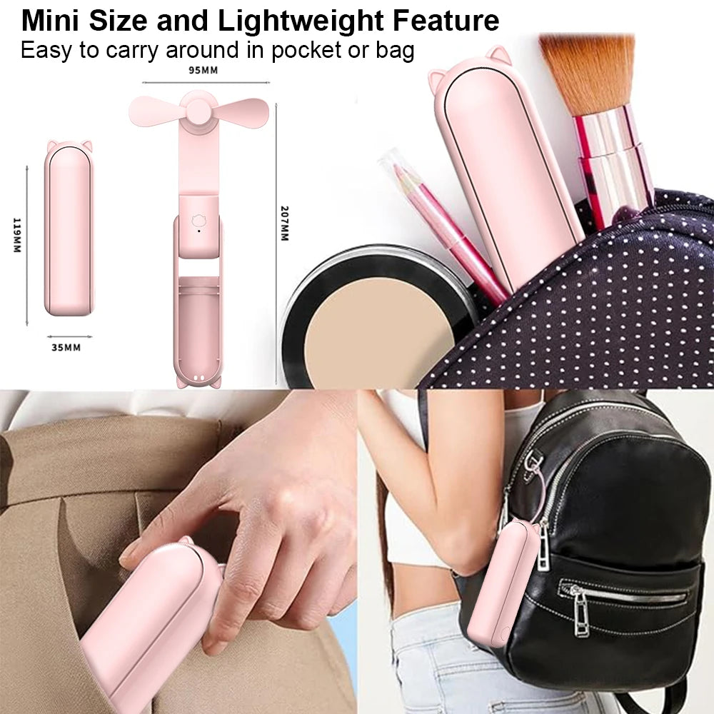 Portable Mini Handheld Fan 2000Mah Personal Foldable Small Cooling Travel Fan 3 in 1 Pocket Hand Fan with Power Bank 3 Speeds