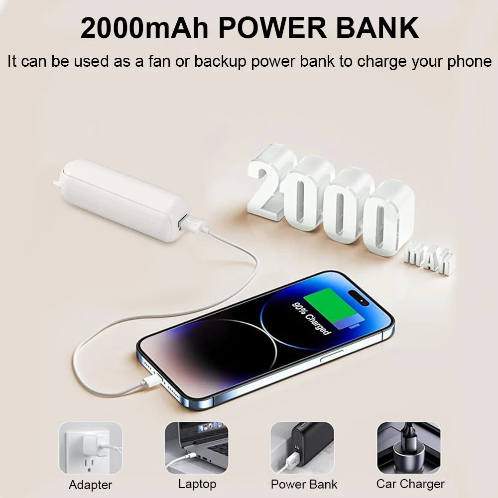 Portable Mini Handheld Fan 2000Mah Personal Foldable Small Cooling Travel Fan 3 in 1 Pocket Hand Fan with Power Bank 3 Speeds